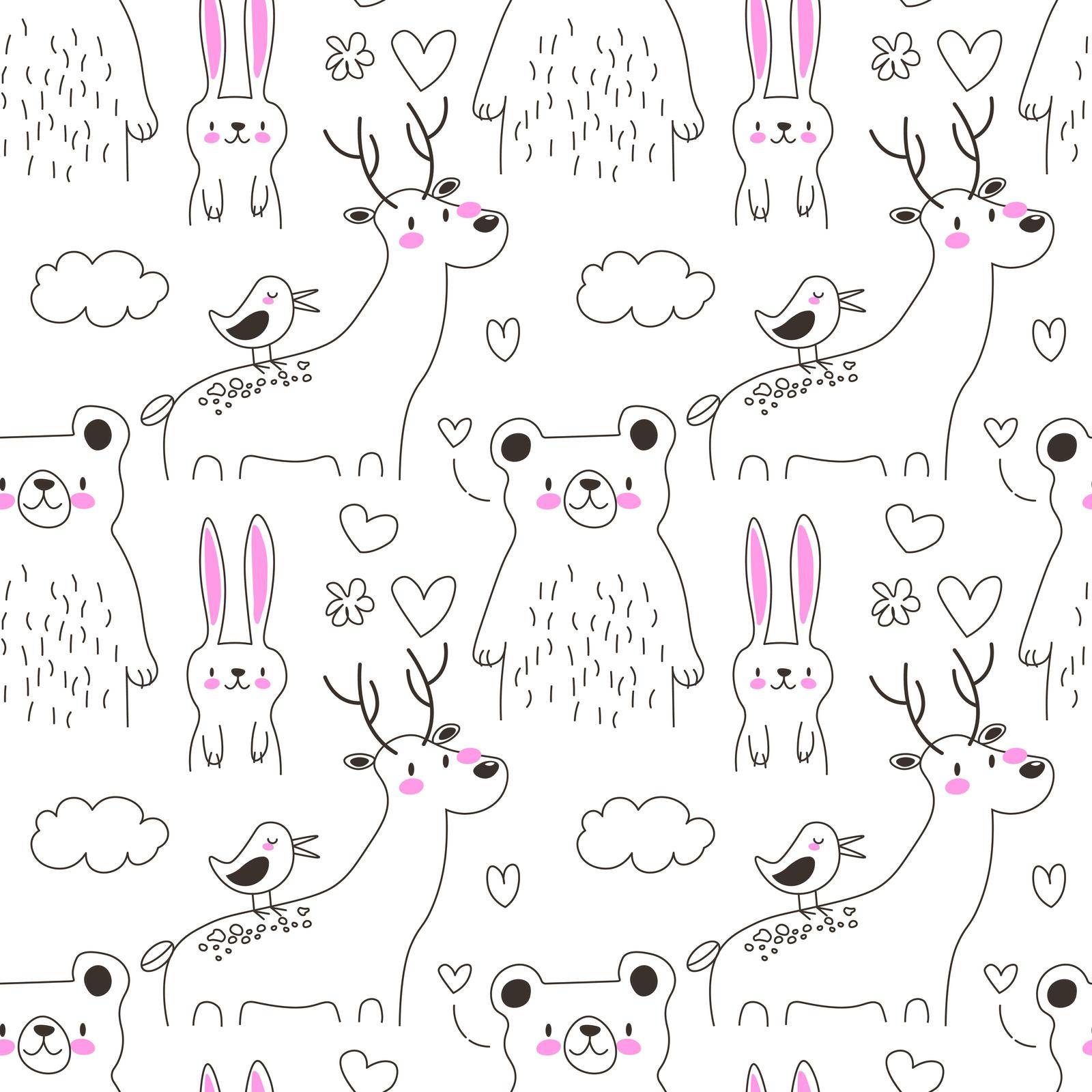 Hand drawn line art cartoon doodle animal seamless pattern in vector. Repeated forest animal illustrations on the white background