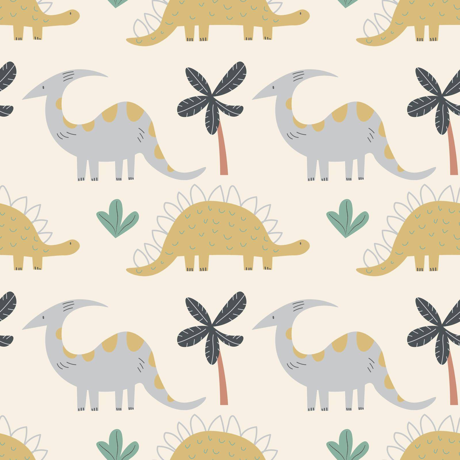 Childish seamless pattern with hand drawn Dino in Scandinavian style. Creative vector dinosaurs childish background for fabric, textile stock illustration