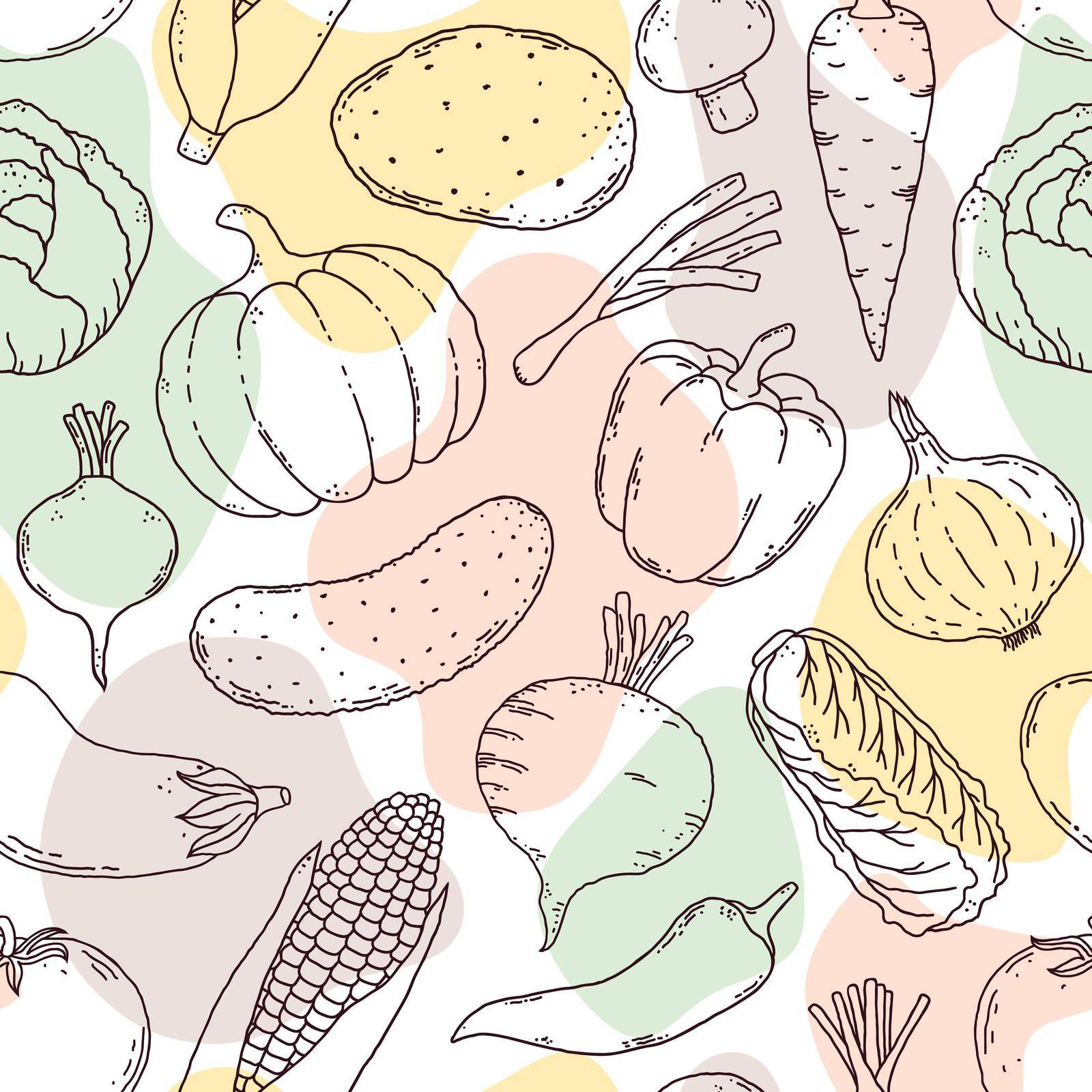 Seamless pattern with hand drawn vegetables and abstrac light shapes