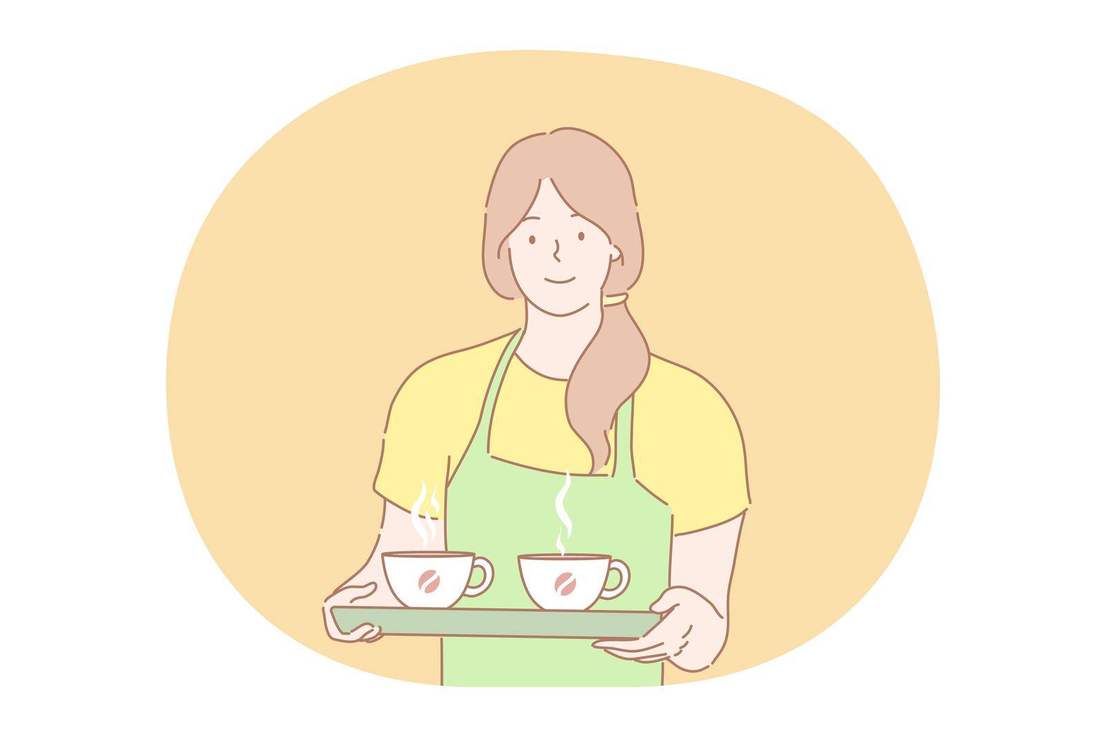 Coffee shop, service, advertising concept. Young smiling woman girl barista waitress in apron holding tray with two cups of hot beverage tea. Coffeehouse advertisement and taking order illustration.