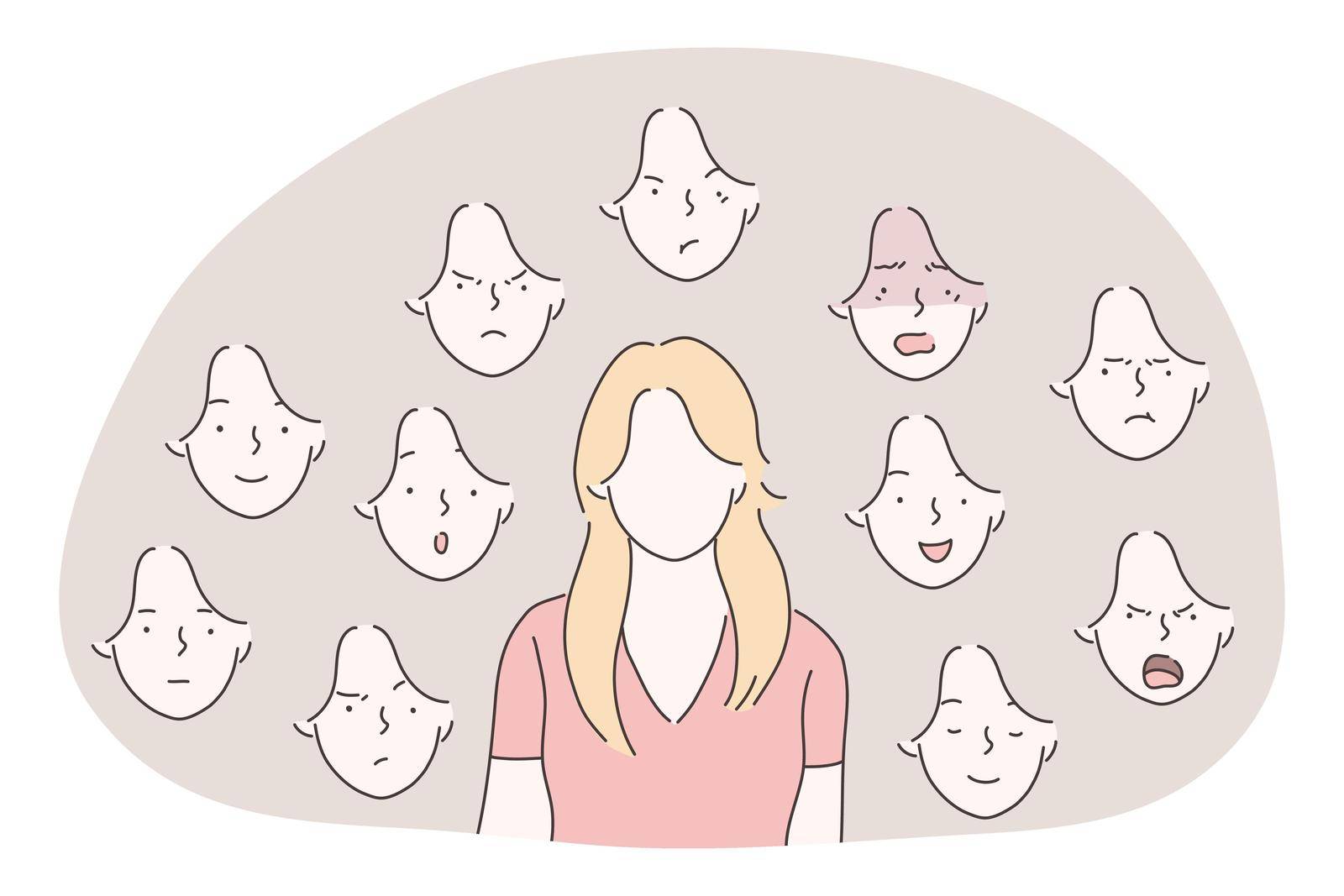 Variety of emotions and facial expressions concept. Young woman cartoon character with blank face and variety of different facial expressions from positive to negative around vector illustration