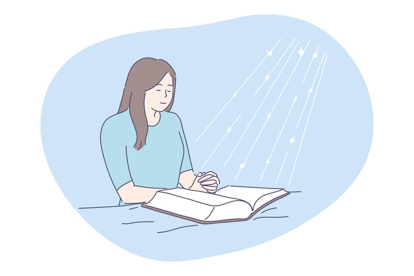 Prayer, religion, Bible concept. Young happy religious woman christian character praying above open Bible on bed. Asking and request or god lord faith and blessing cartoon vector illustration.