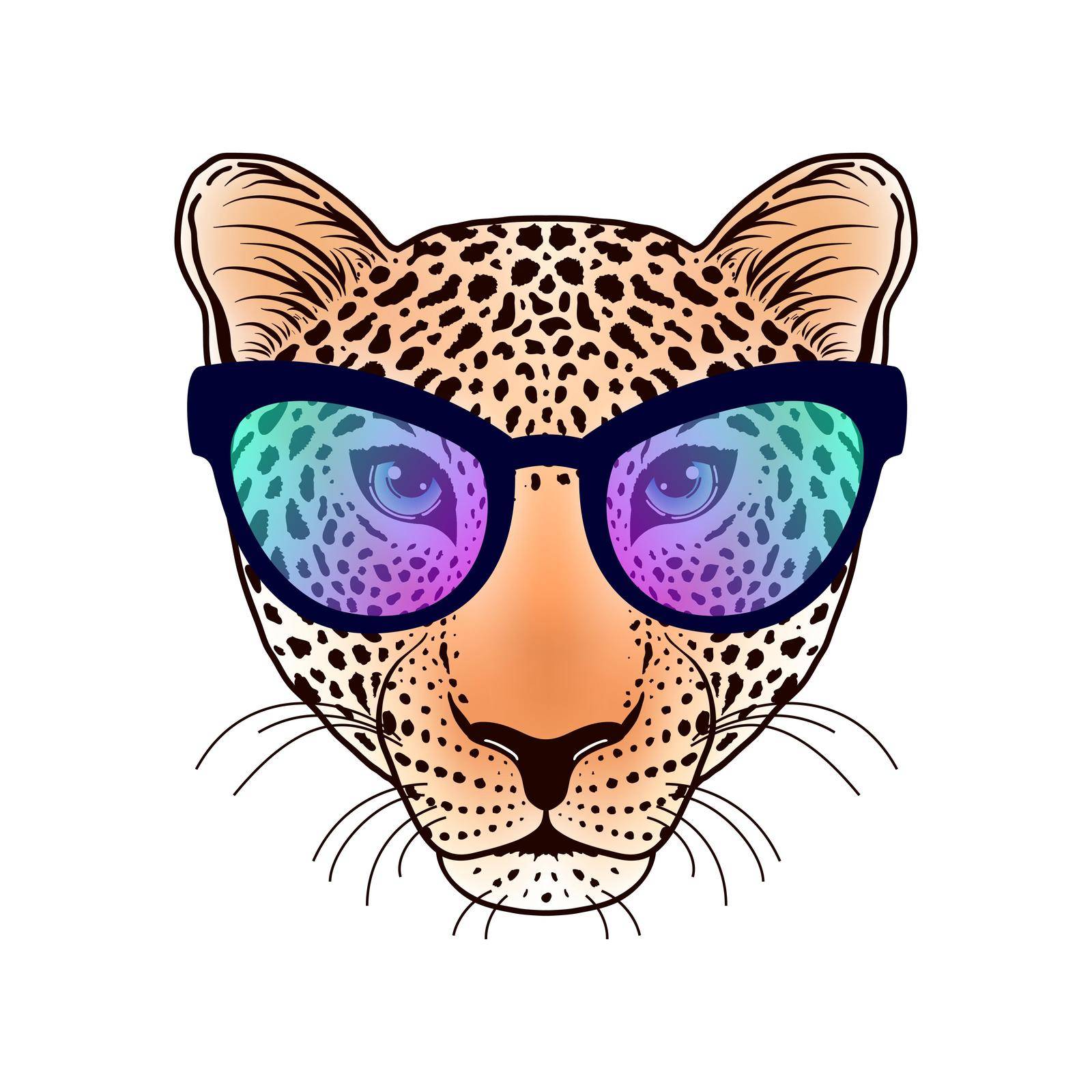 Leopard muzzle with sunglasses on white background. Idea for t-shirts design.