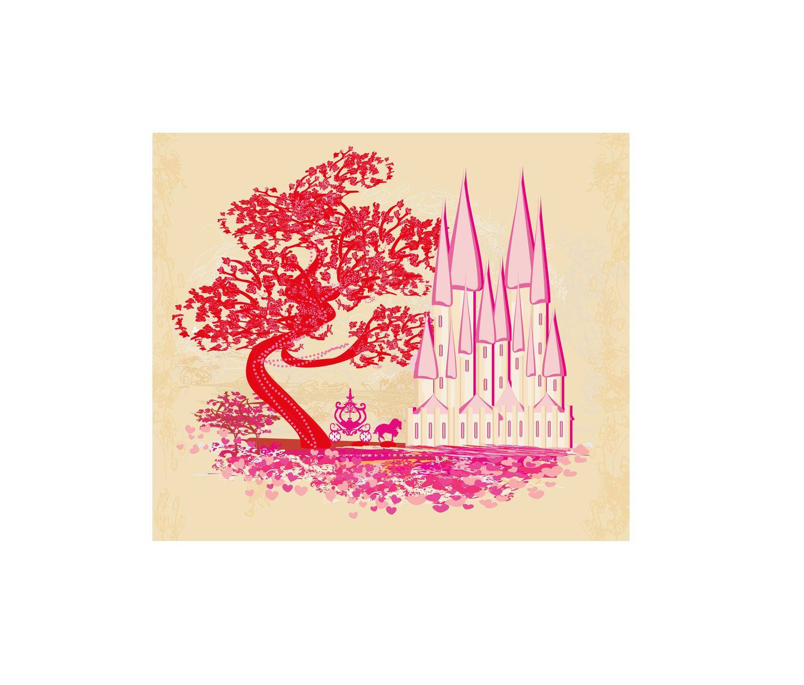 Horse carriage and a medieval castle - pink card by JackyBrown