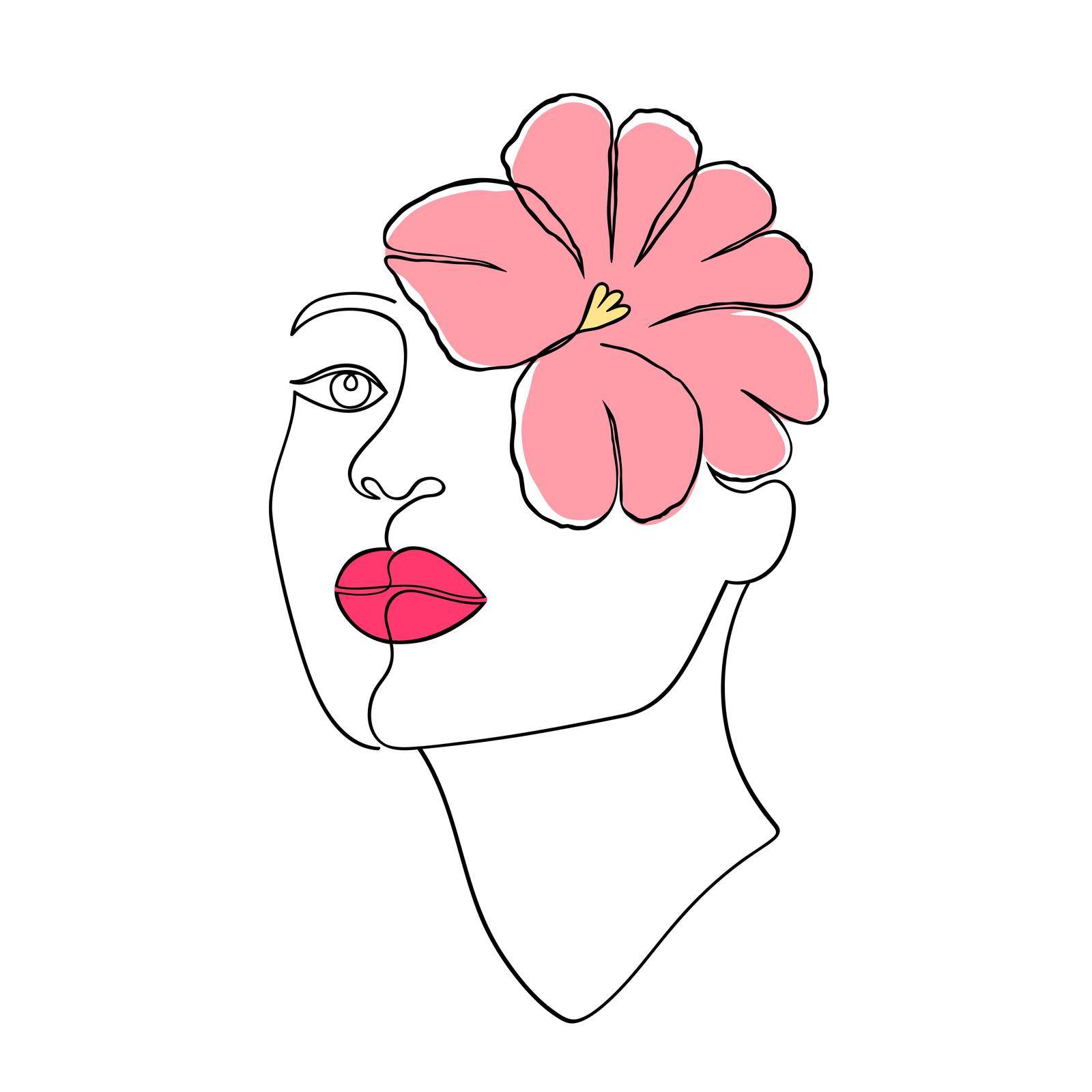 Woman face in minimal line art style on white background.