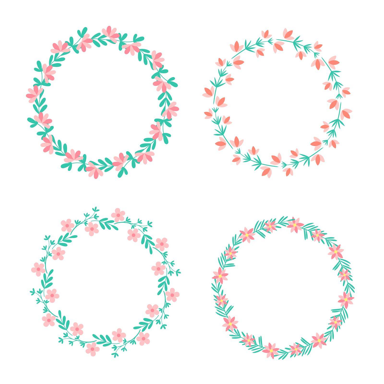 Round wreaths with spring and summer flowers set. Bunch floral template for postcards. Round frame for inscription with greenery. Vector illustration botanical and floral rim elements