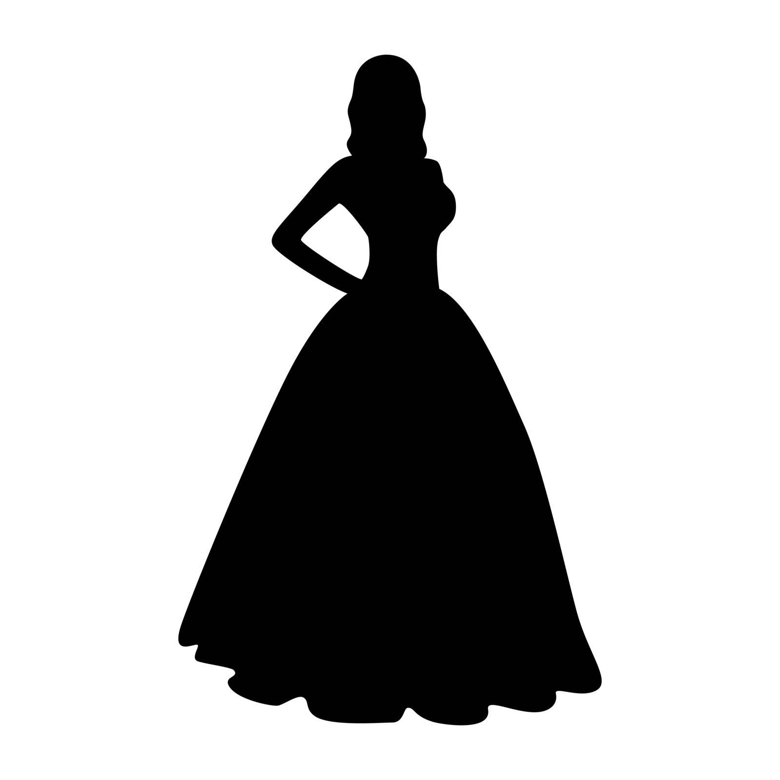 Bride in wedding puffy dress black isolated silhouette on white background by TassiaK