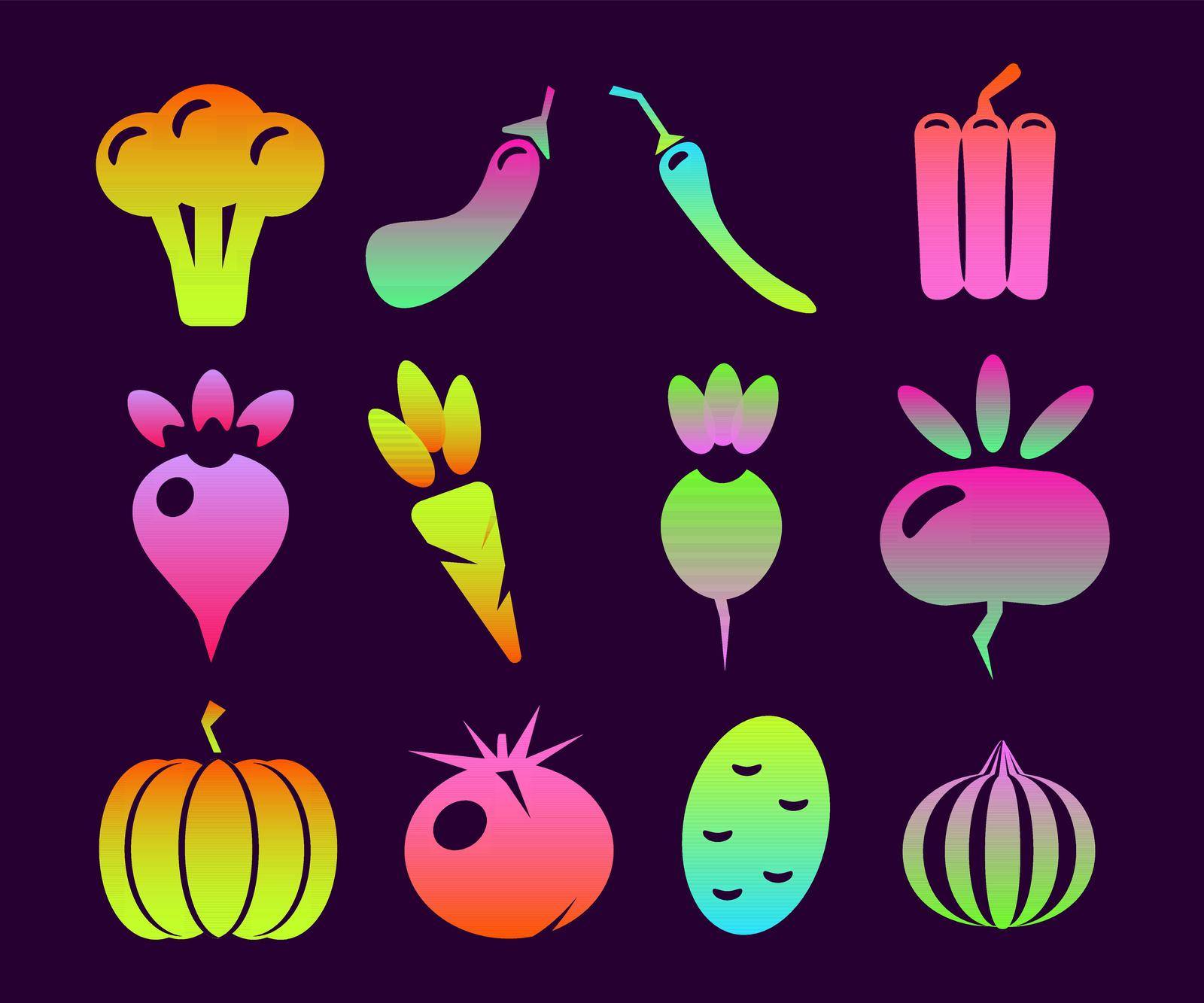 Vegetables icons set. Illustration of 12 vegetables vector icons neon color on purple