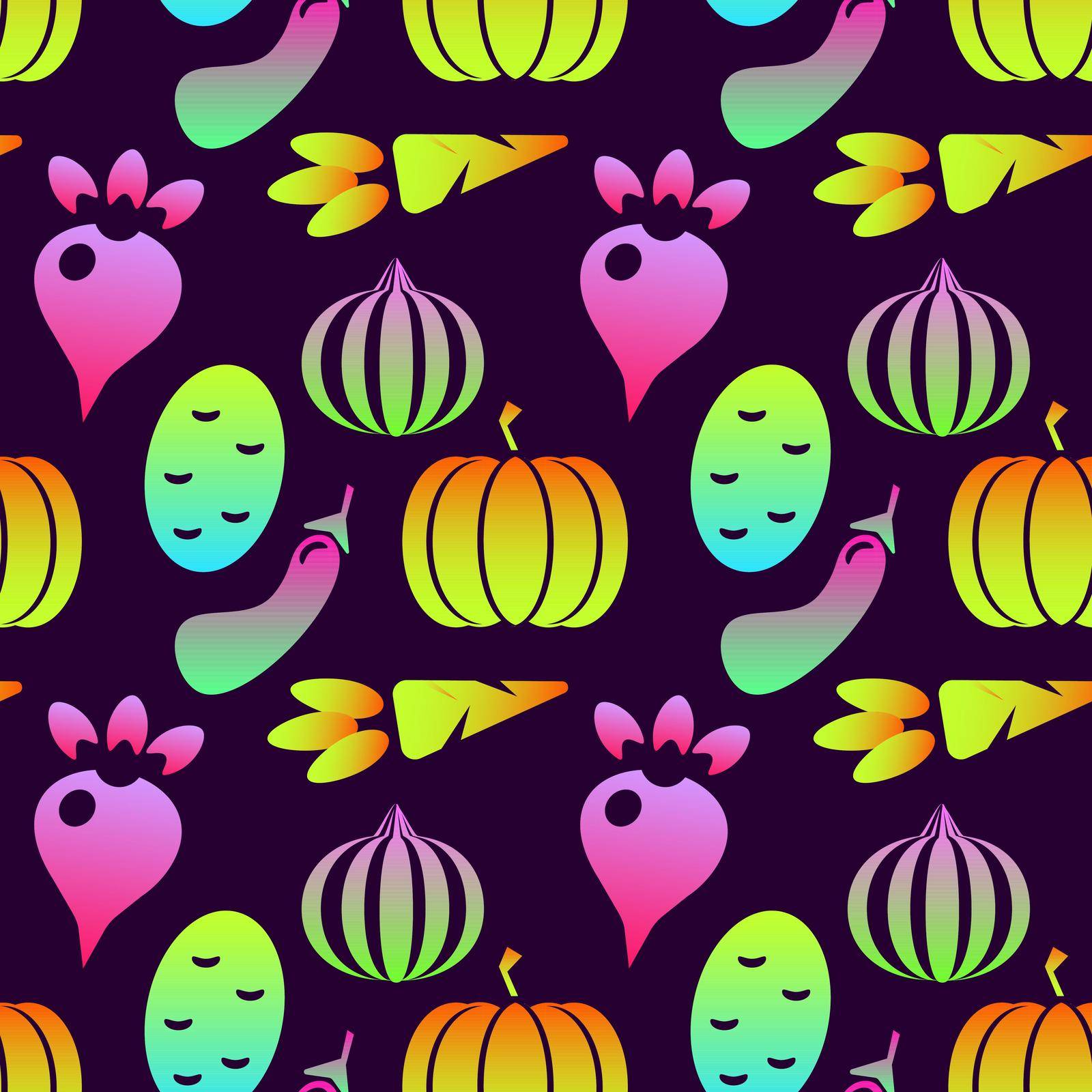 Seamless pattern of vegetables on a purple background in flat style. fresh vegetarian food, neon colors. Simple art objects. Vector illustration, isolated