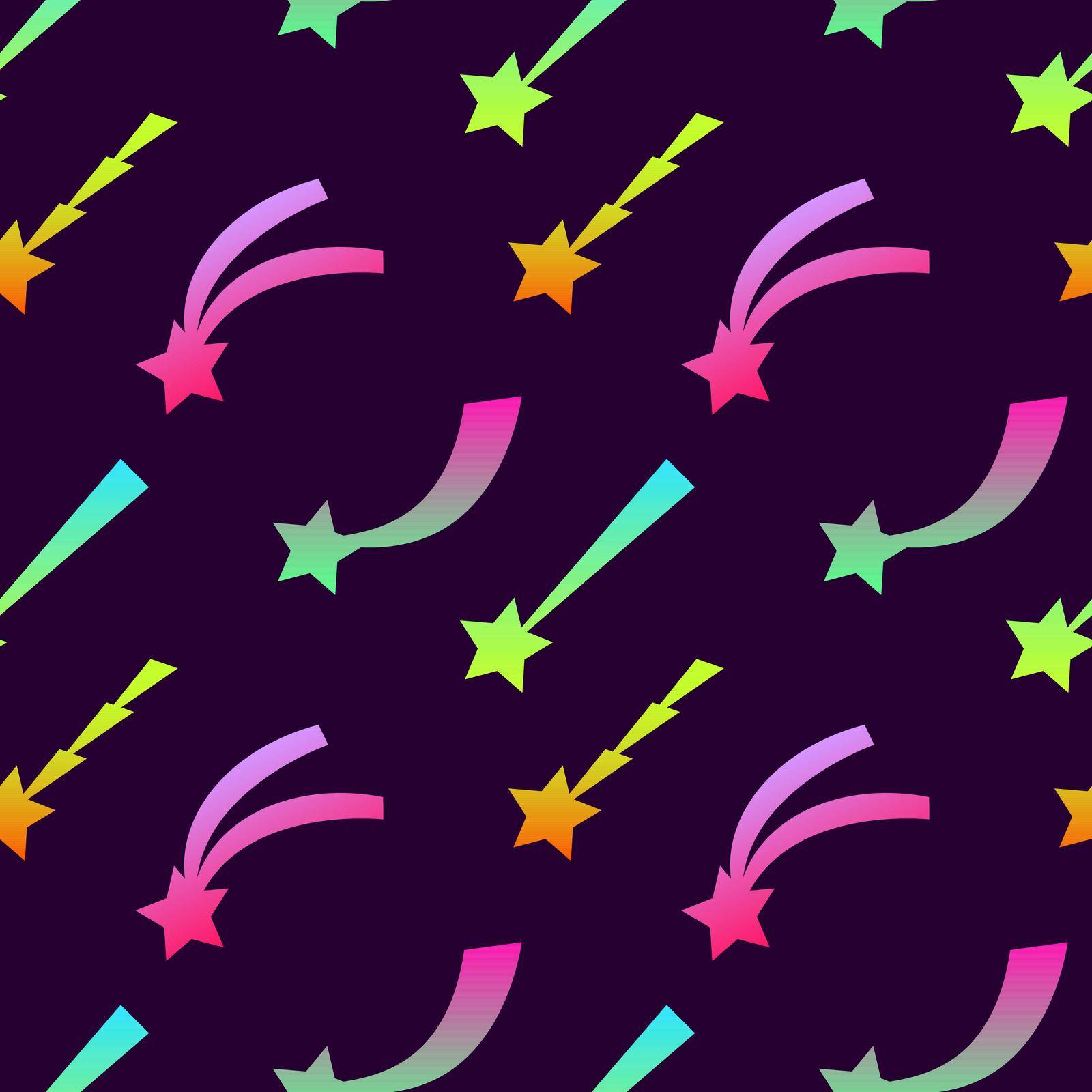 Festive cute seamless pattern with neon flying stars. Celebratory background with Christmas star. Ornament for gift wrapping paper, textile, surface textures. Vector Illustration. EPS by Alxyzt