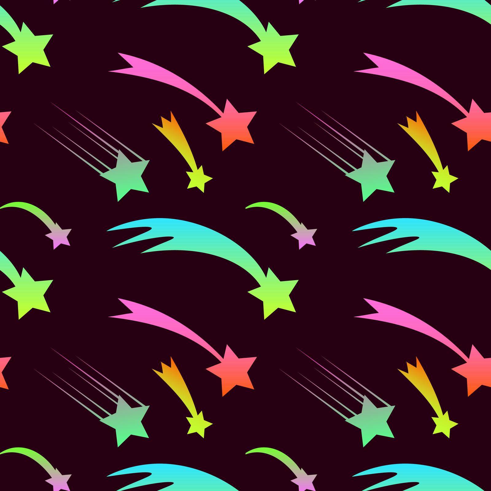 Festive cute seamless pattern with neon flying stars. Celebratory background with Christmas star. Ornament for gift wrapping paper, textile, surface textures. Vector Illustration.