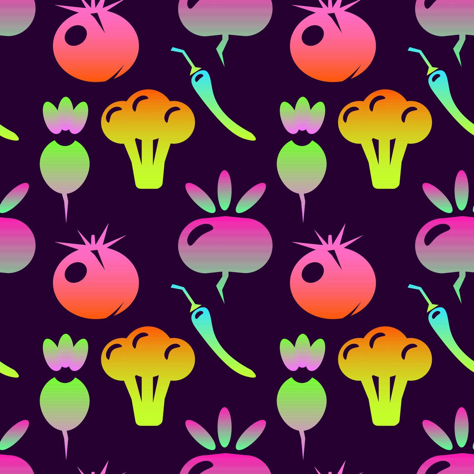Seamless pattern of vegetables on a purple background in flat style. fresh vegetarian food, neon colors. Simple art objects. Vector illustration, isolated