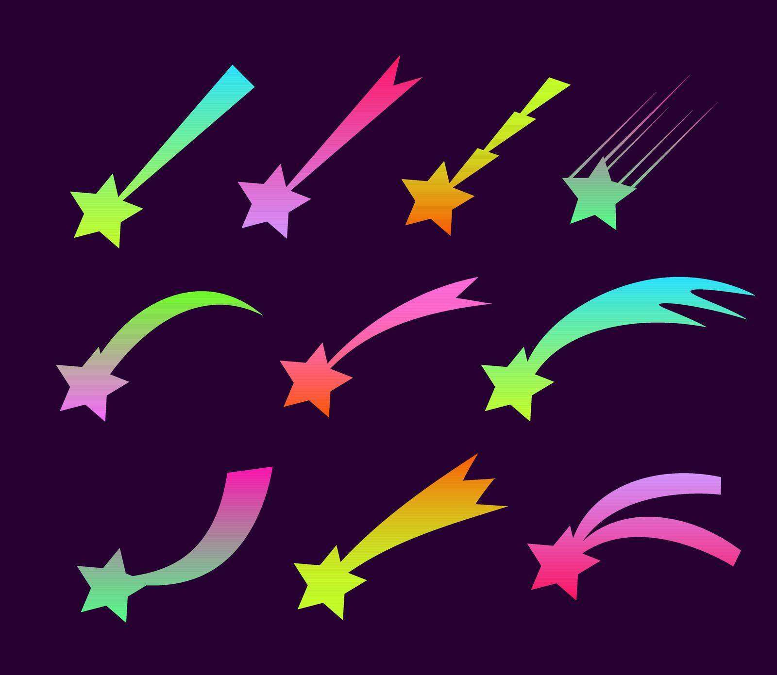 Set of neon space falling down comets and stars vector illustration. Meteors fire trails isolated. Fireball and star glowing gas and dust tails at galaxy