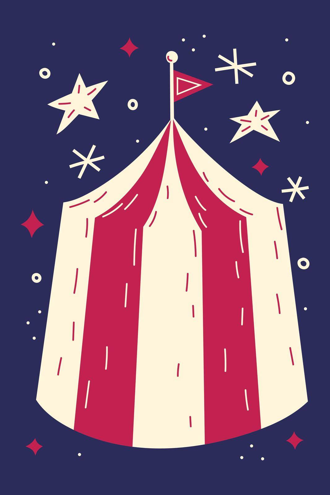 Vintage style illustration of a circus tent with stars on a dark blue background. Carnival design element.