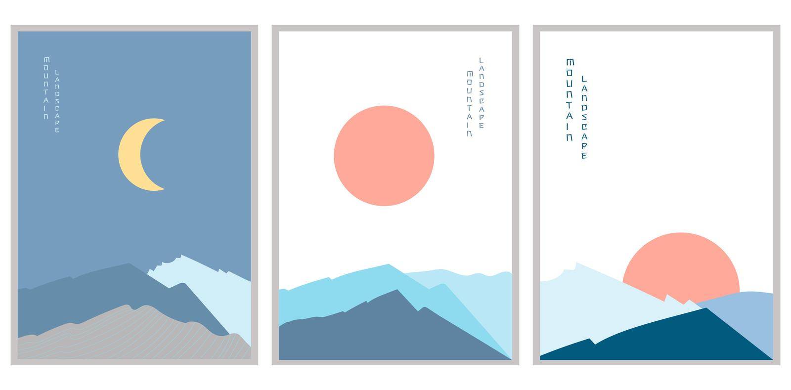 Mountain landscape posters vector illustration set. Sunset and night. Geometric landscape background in Asian Japanese style. Abstract symbol for print, poster, postcard, screensaver on the phone, for social media, stickers.