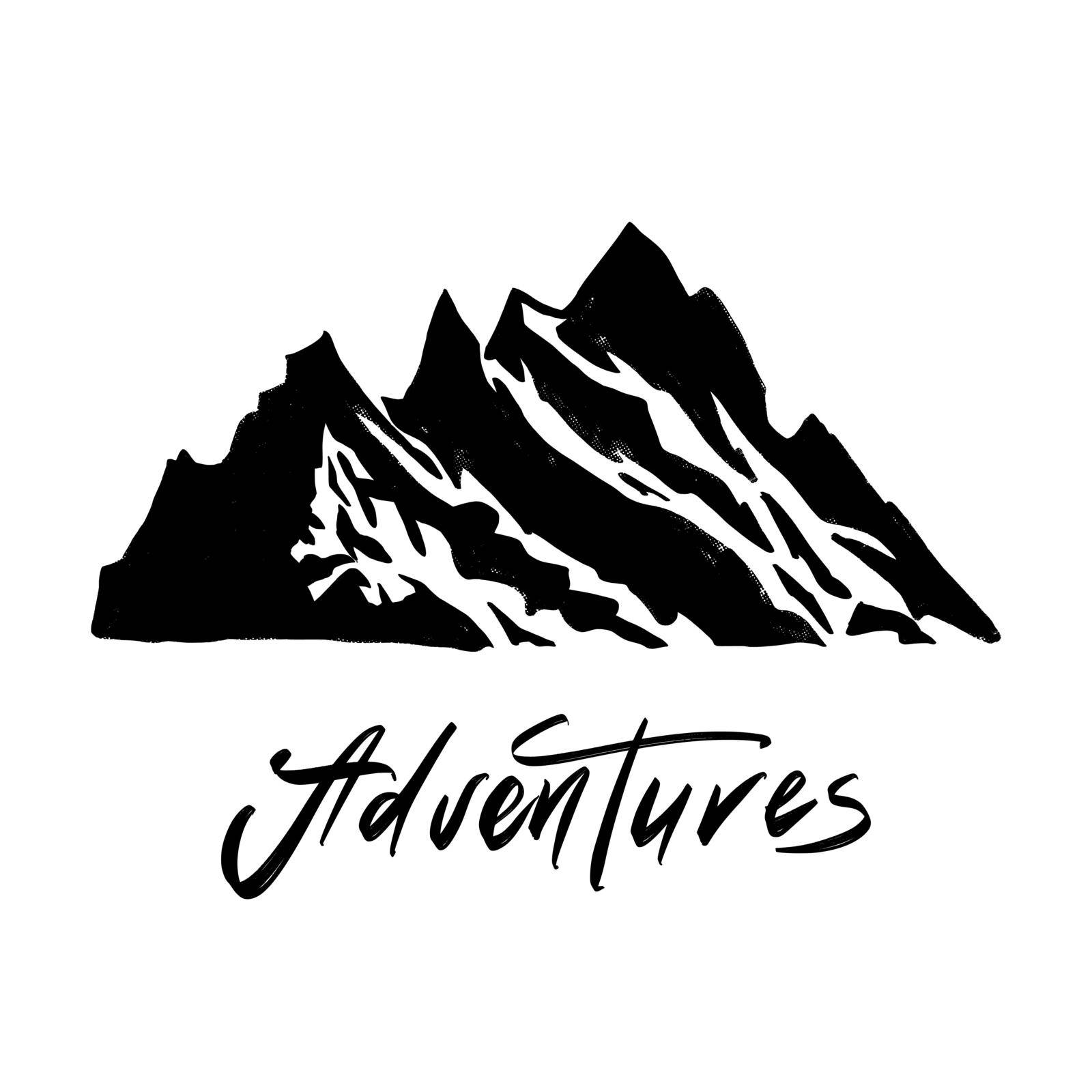 Hello New Adventures hand drawn grunge t-shirt print with mountains. Hiking and travelling vintage badge. Vector illustration