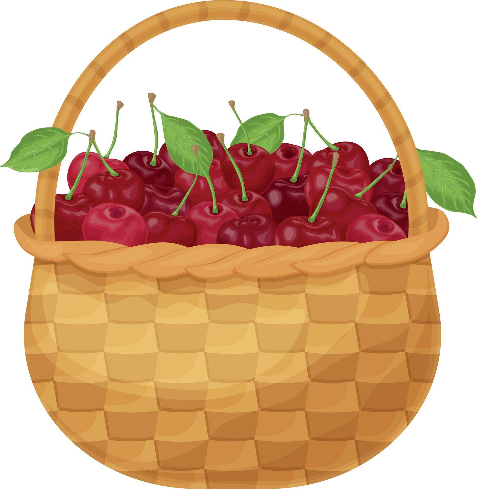 Cherry. Ripe cherries in a wicker basket. Basket with cherries. Basket with ripe berries. Vitamin products. Vector illustration isolated on a white background by NastyaN