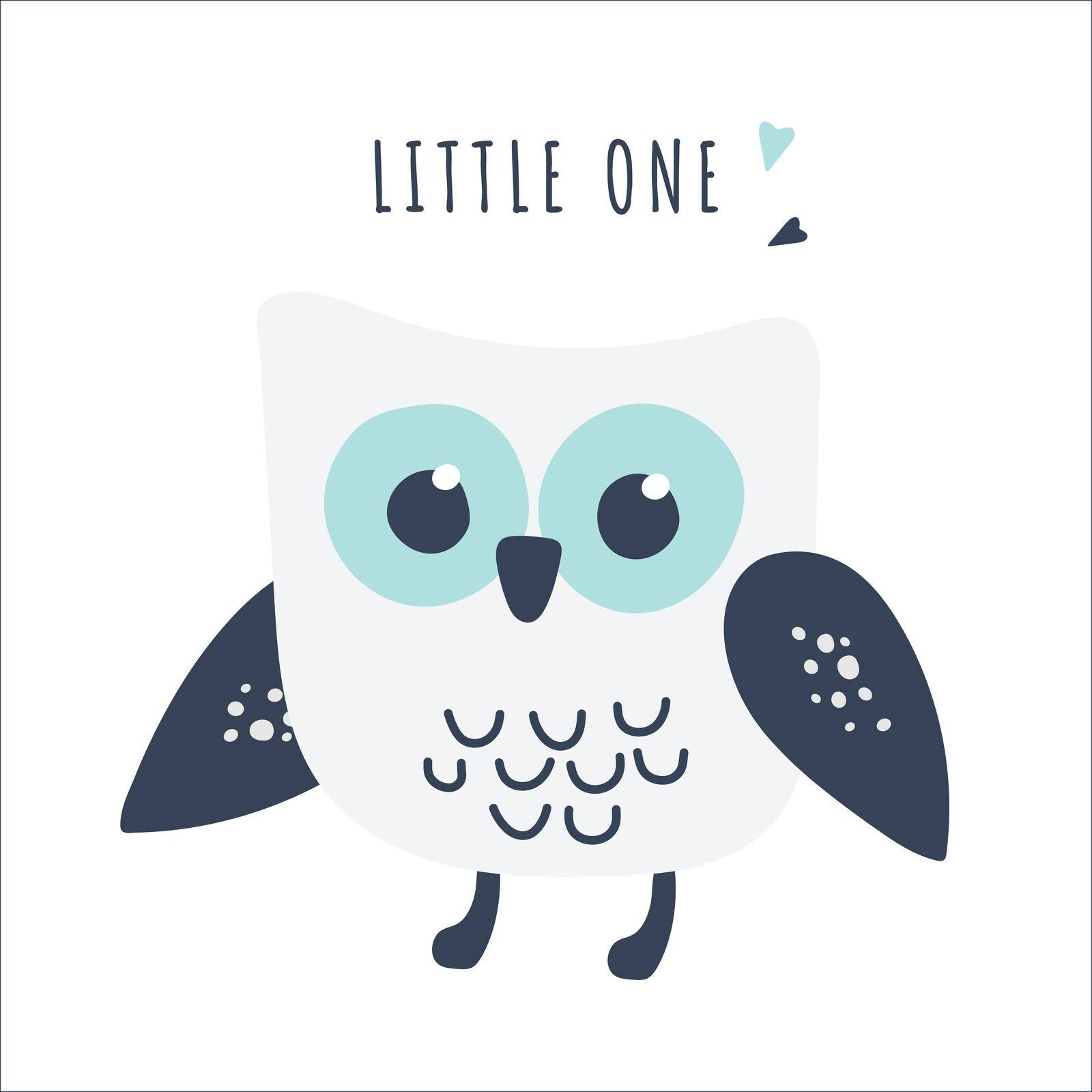 Cute owl vector painting for baby birth greetings postcards design. Cartoon bird drawing for decoration