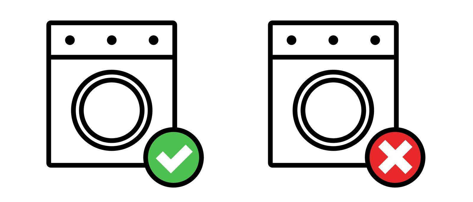 A set of icons of a washer and a check mark, and a washer and a cross mark. Editable vector.