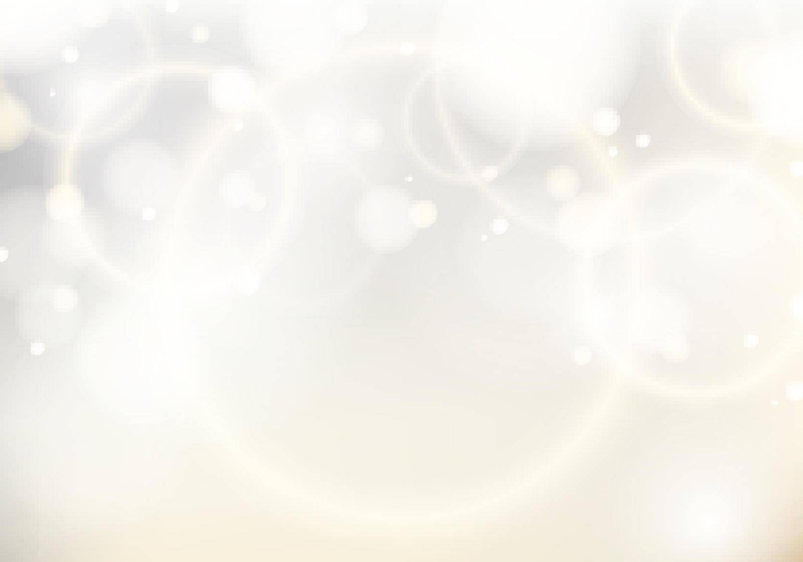 Abstract elegant blurred white background with golden light bokeh. Festive defocused white lights luxury style. Vector illustration