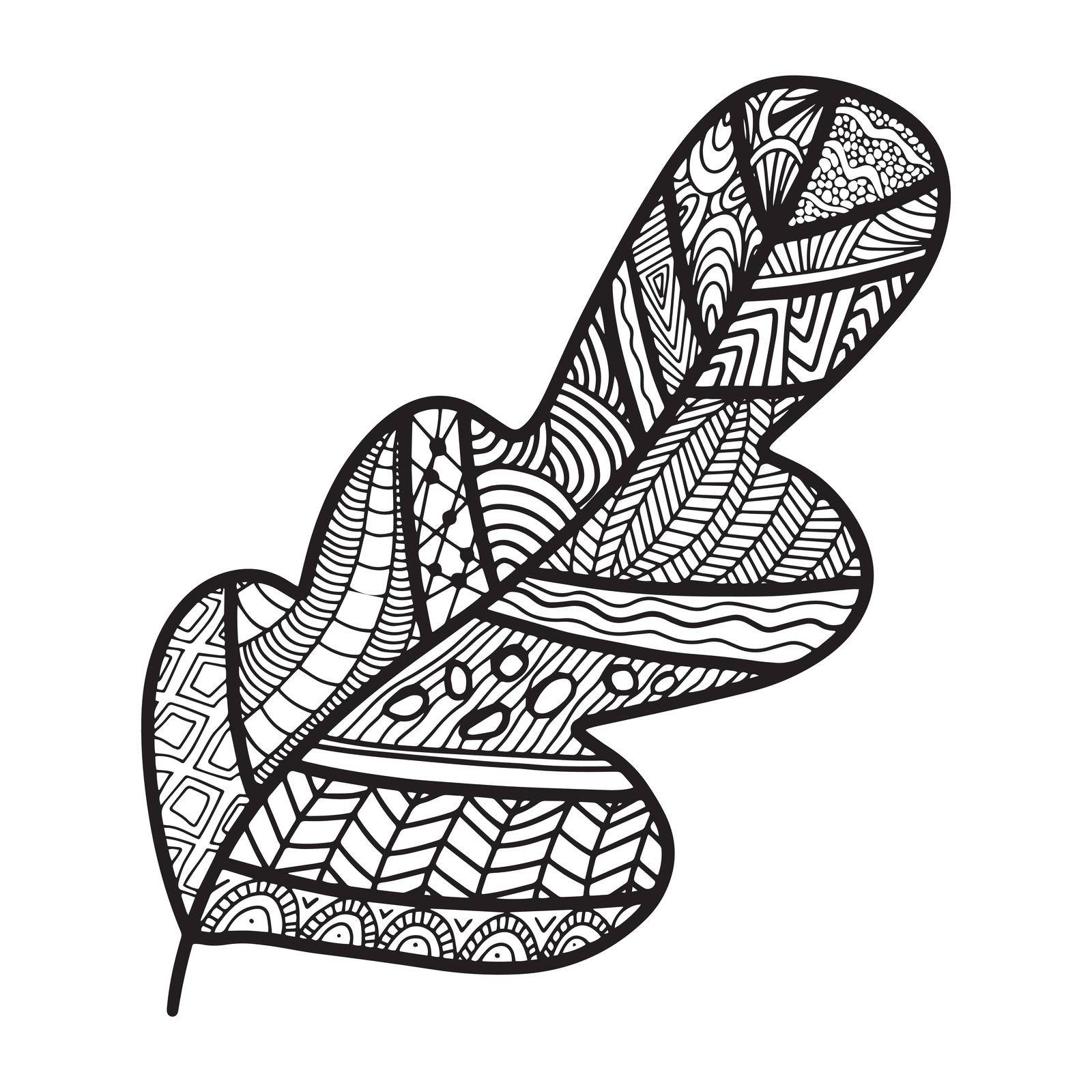 Vector zen tangle and doodle oak leaf. Nature coloring book. Black and white zentangle. Doodle handdrawn illustration.