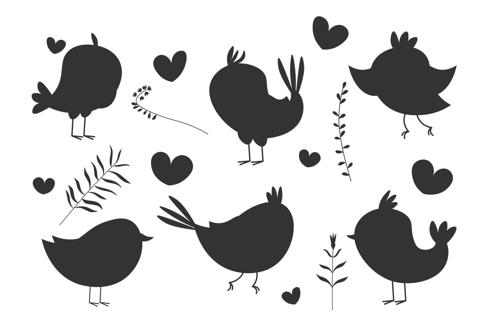 Cute Cartoon Style Bird and plants Silhouettes in Vector Format