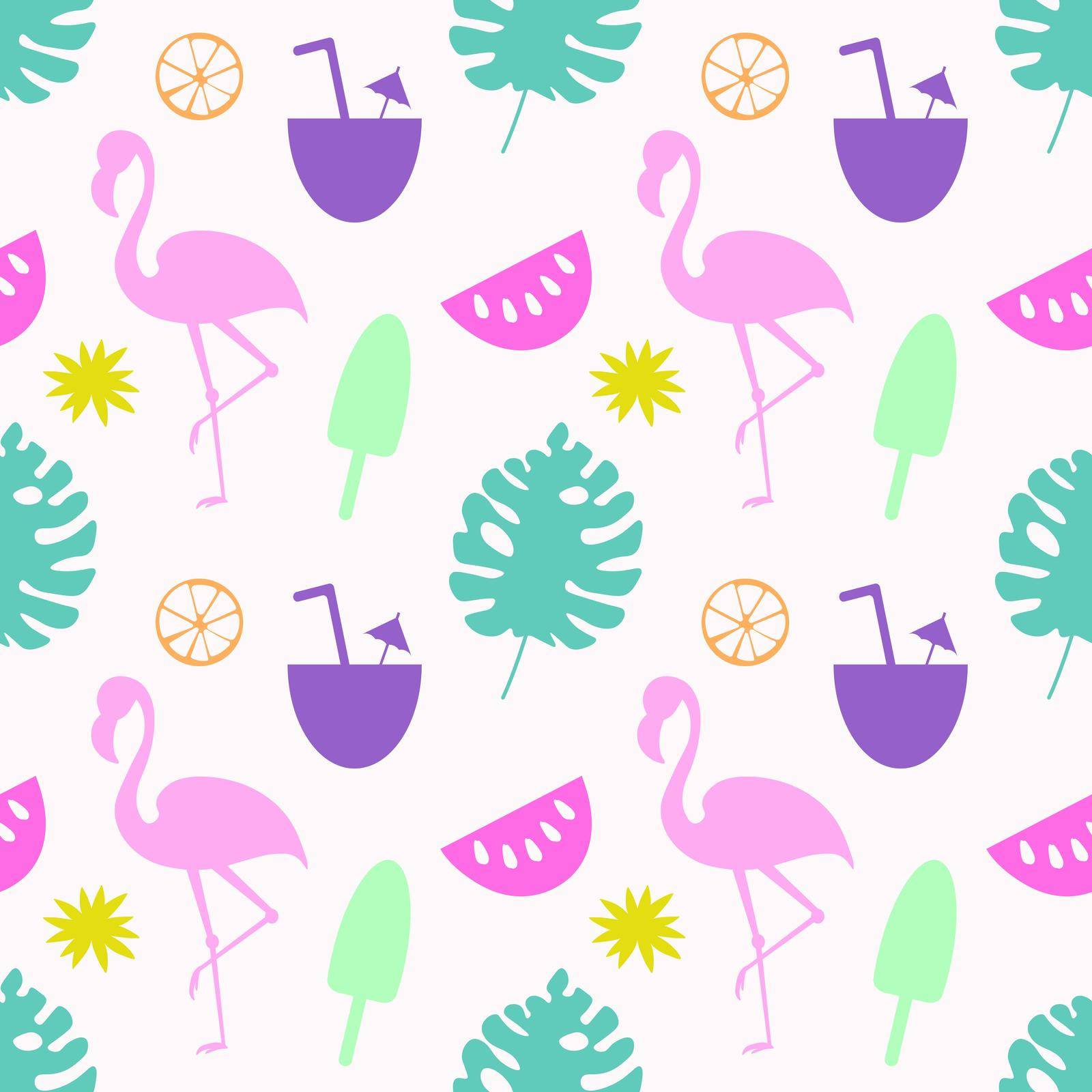 Seamless pattern with theme of beach and cocktails and ice cream and palm trees