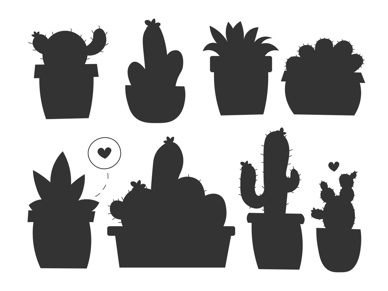 Vector collection of black hand drawn cactus sketch in pot collection isolated on white background. Flat cactus icon set. Nature elements illustration.