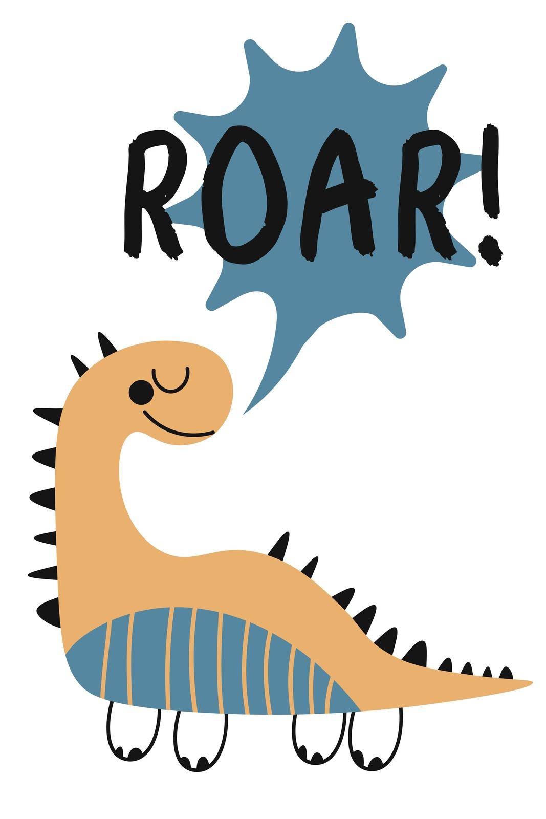 Roar dinosaur. Vector funny lettering quote with dino icon, scandinavian hand drawn illustration for greeting card, t shirt, print, stickers, posters design.