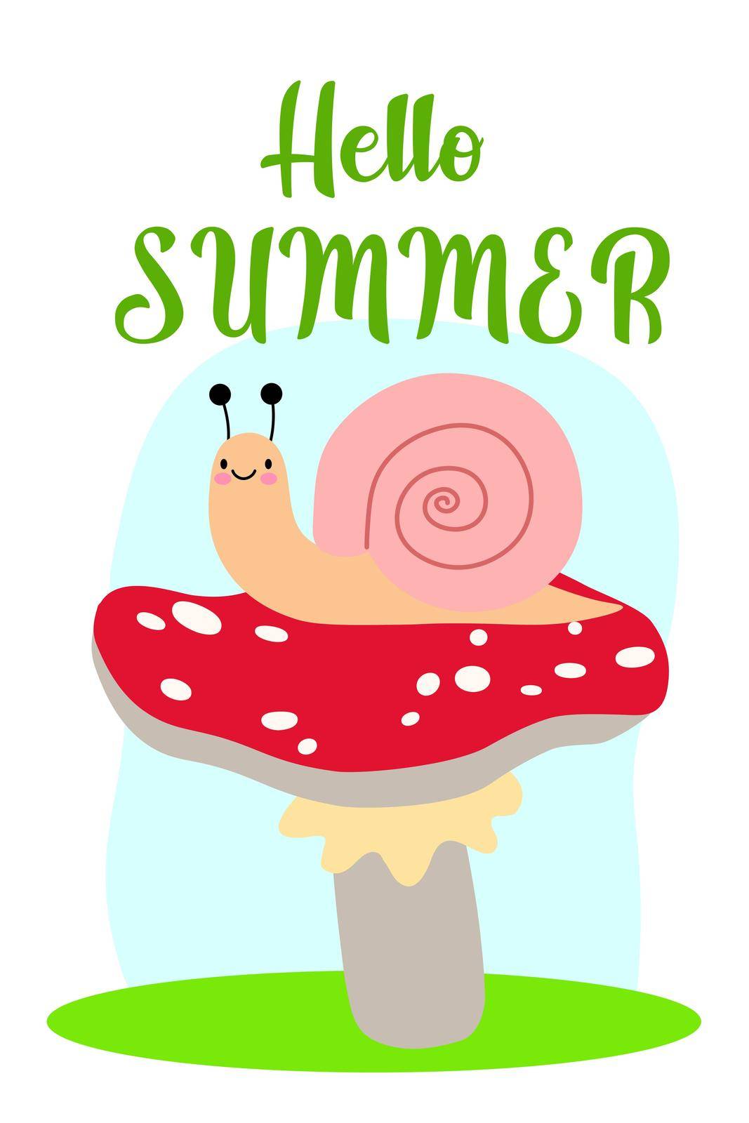 A snail sits on a mushroom with an rad hat. Vector illustration for design. Hello summer card.