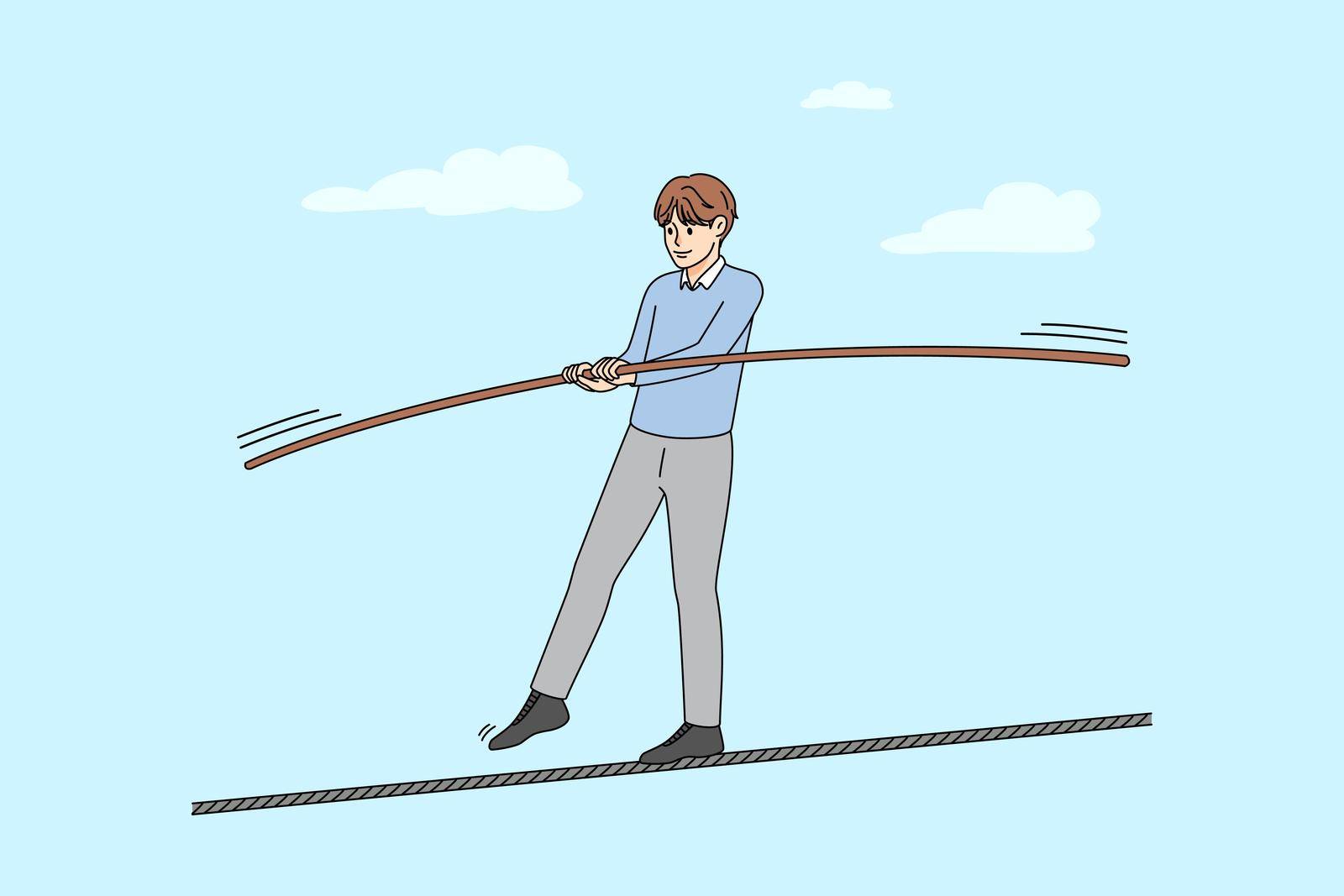 Man walk on thin rope balancing. Risky businessman engaged in business deal or offer. Job challenge and risk concept. Vector illustration.