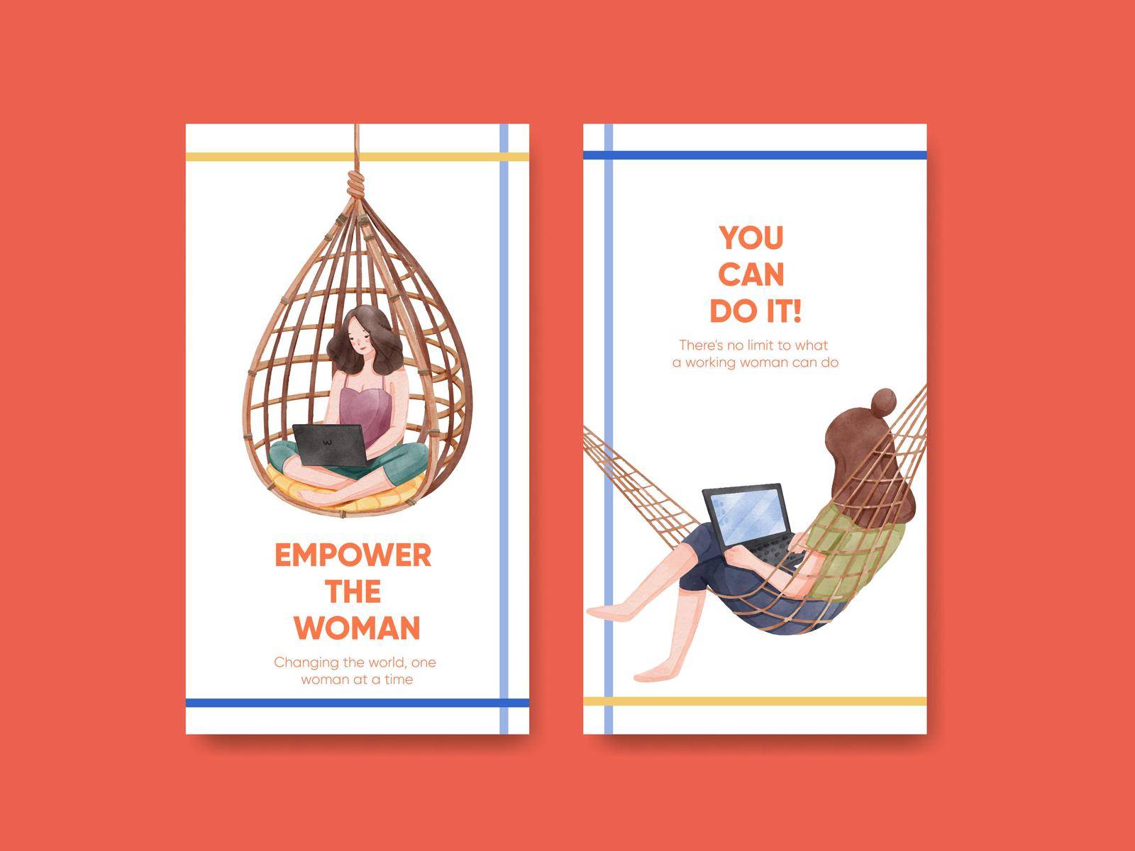 Instagram template with working woman traveler concept,watercolor style