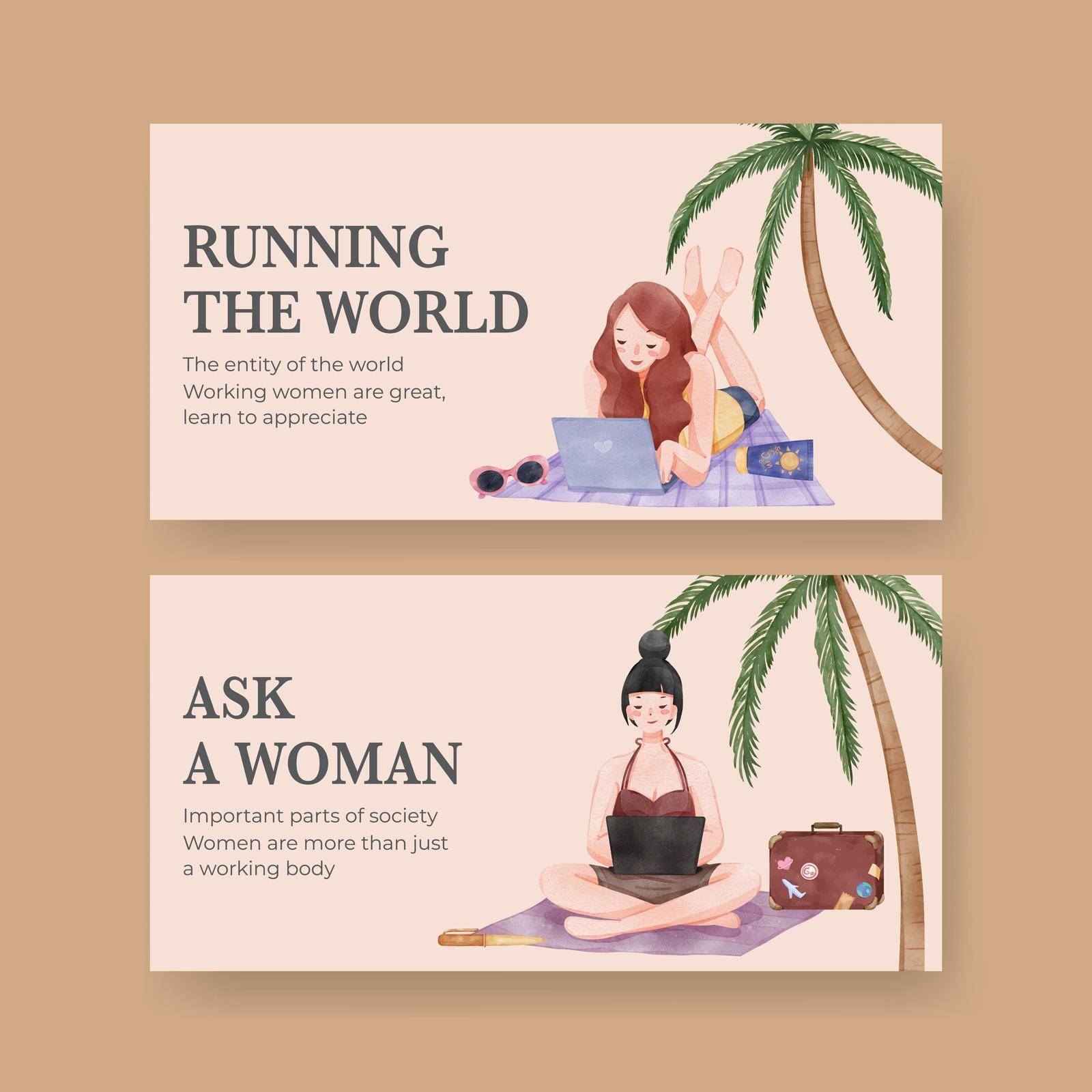 Twitter template with working woman traveler concept,watercolor style