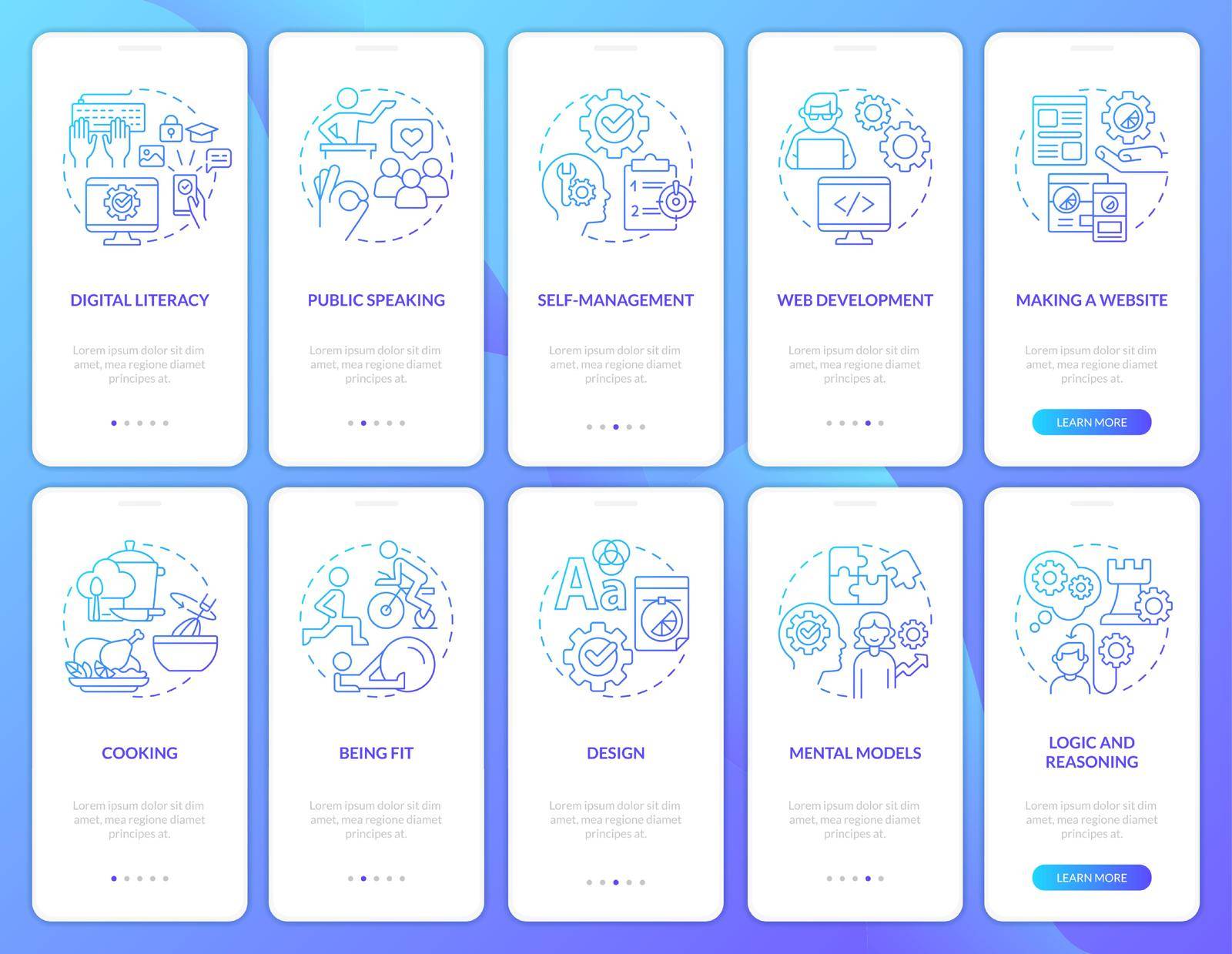 Important life skills blue gradient onboarding mobile app screen set. Learning walkthrough 5 steps graphic instructions with linear concepts. UI, UX, GUI template. Myriad Pro-Bold, Regular fonts used