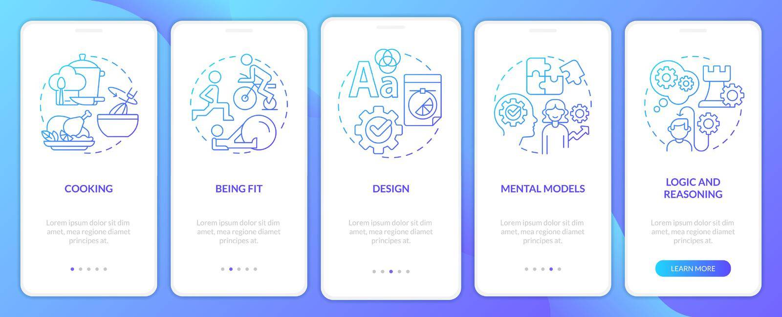 Life skills blue gradient onboarding mobile app screen. Abilities and talents walkthrough 5 steps graphic instructions with linear concepts. UI, UX, GUI template. Myriad Pro-Bold, Regular fonts used