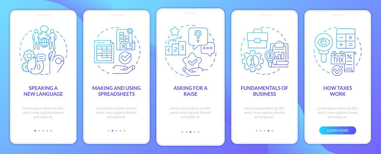 Experiences blue gradient onboarding mobile app screen. Job and career walkthrough 5 steps graphic instructions with linear concepts. UI, UX, GUI template. Myriad Pro-Bold, Regular fonts used