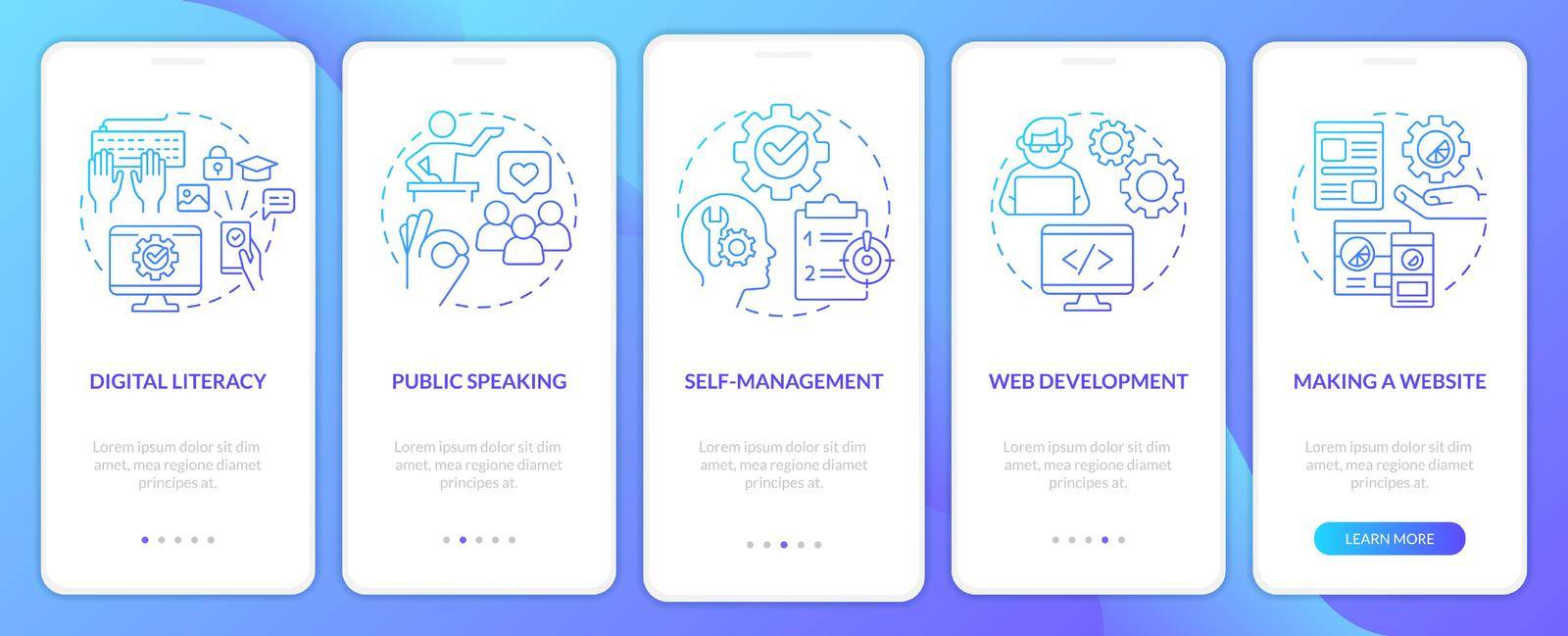Important competencies blue gradient onboarding mobile app screen. Profession walkthrough 5 steps graphic instructions with linear concepts. UI, UX, GUI template. Myriad Pro-Bold, Regular fonts used