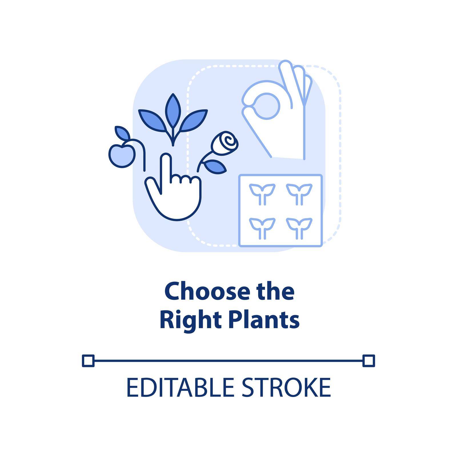 Choose right plants light blue concept icon. Place and condition. Gardening tip abstract idea thin line illustration. Isolated outline drawing. Editable stroke. Arial, Myriad Pro-Bold fonts used