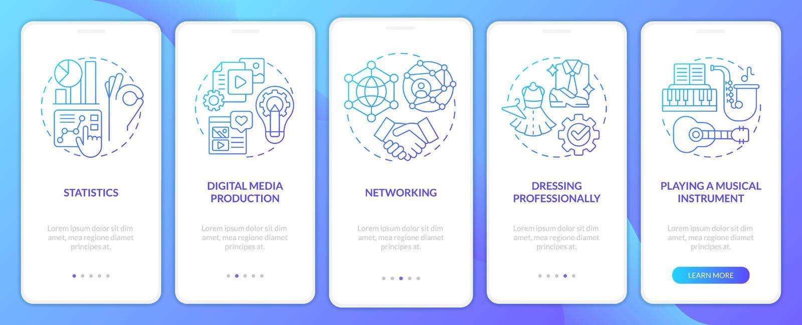 Professional skills blue gradient onboarding mobile app screen. Career walkthrough 5 steps graphic instructions with linear concepts. UI, UX, GUI template. Myriad Pro-Bold, Regular fonts used