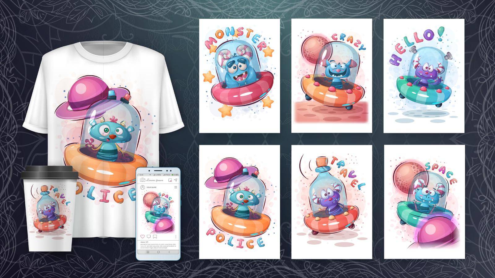 Cartoon character adorable ufo, pretty monster idea for print t-shirt, poster and kids envelope, postcard. Cute hand drawn style space. Vector eps 10