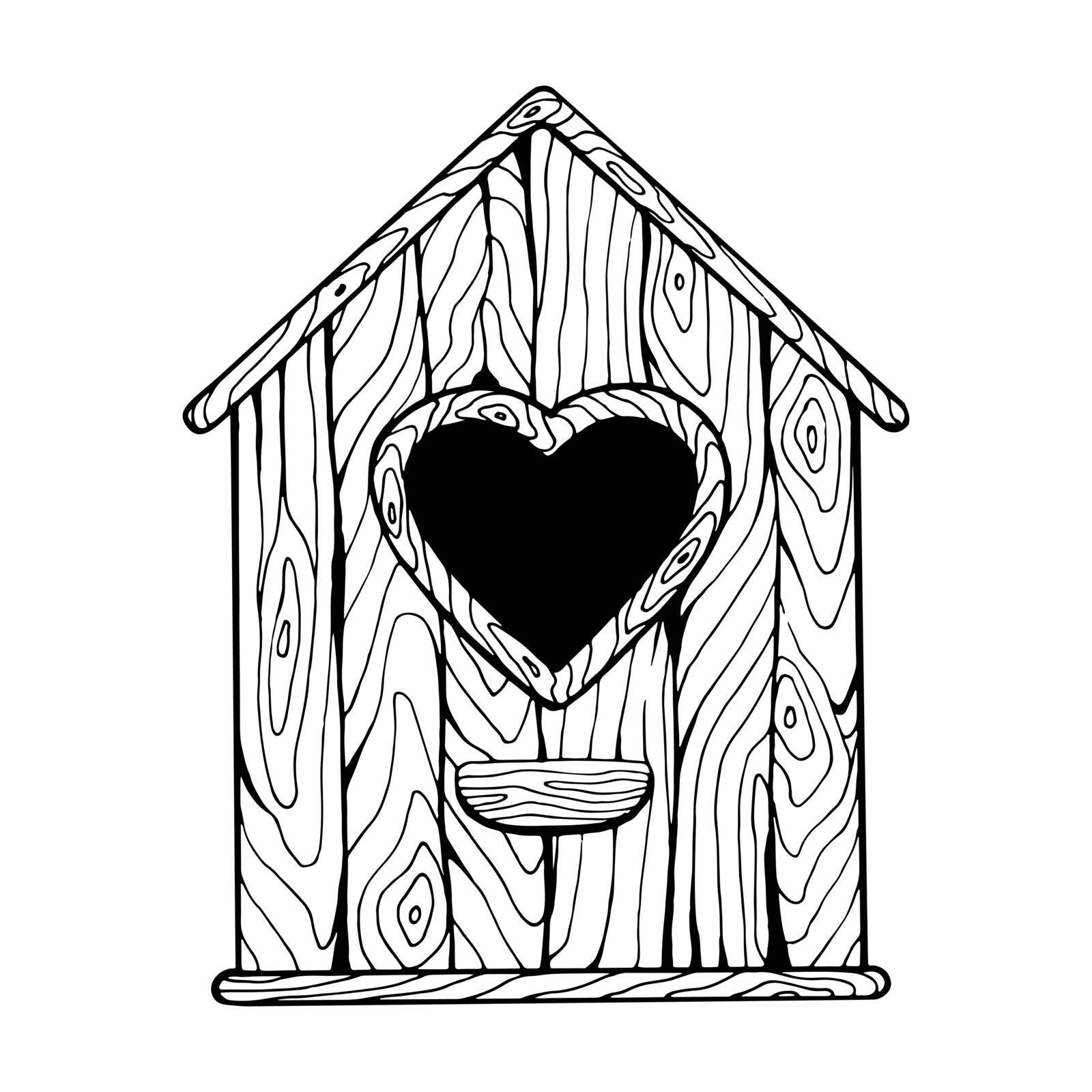 Coloring book birdhouse line art. Retro wooden house for birds. Hand drawn vector black and white illustration.