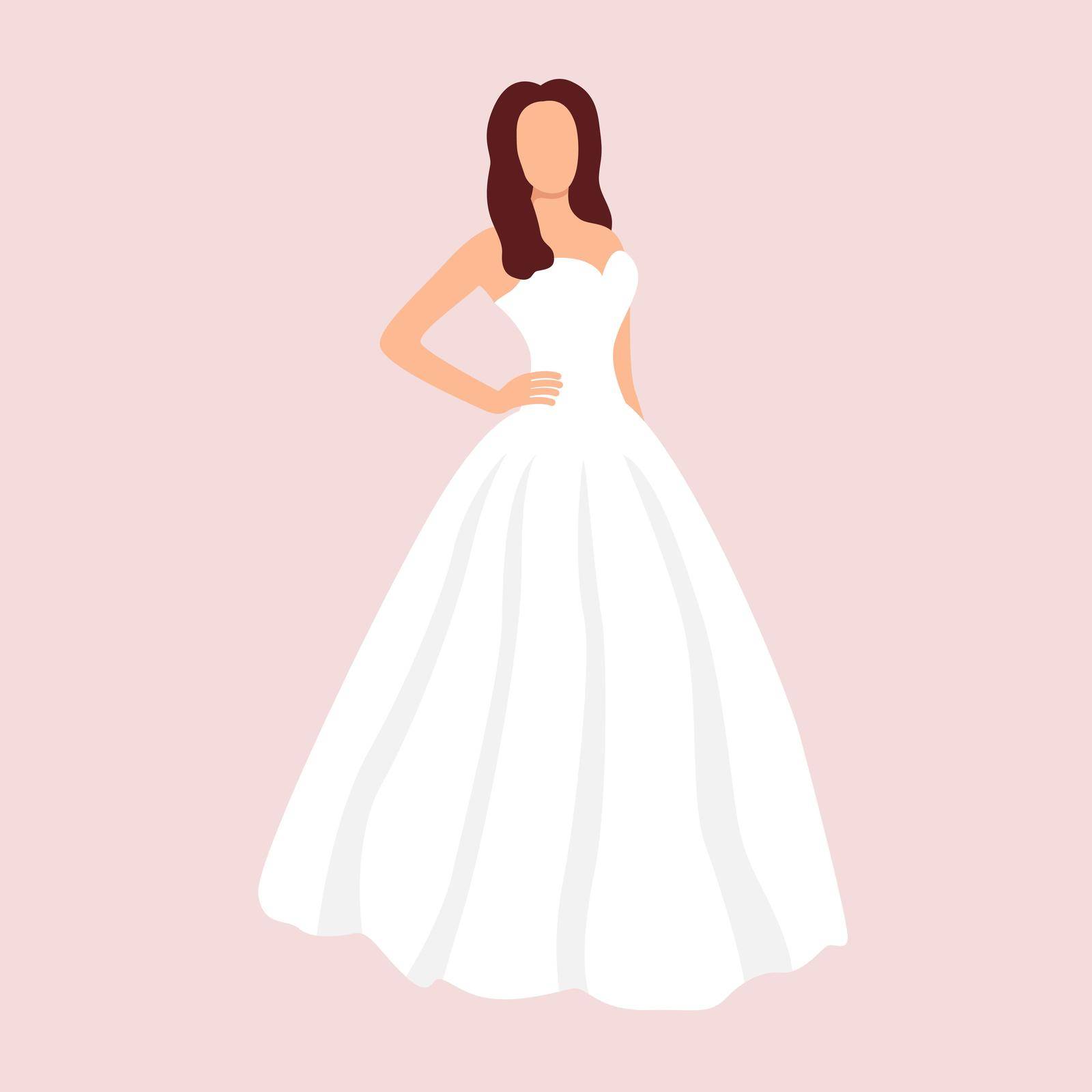 Bride in white wedding dress vector illustration. Abstract young woman in evening long dress. Beautiful female faceless image. Wedding image of girl