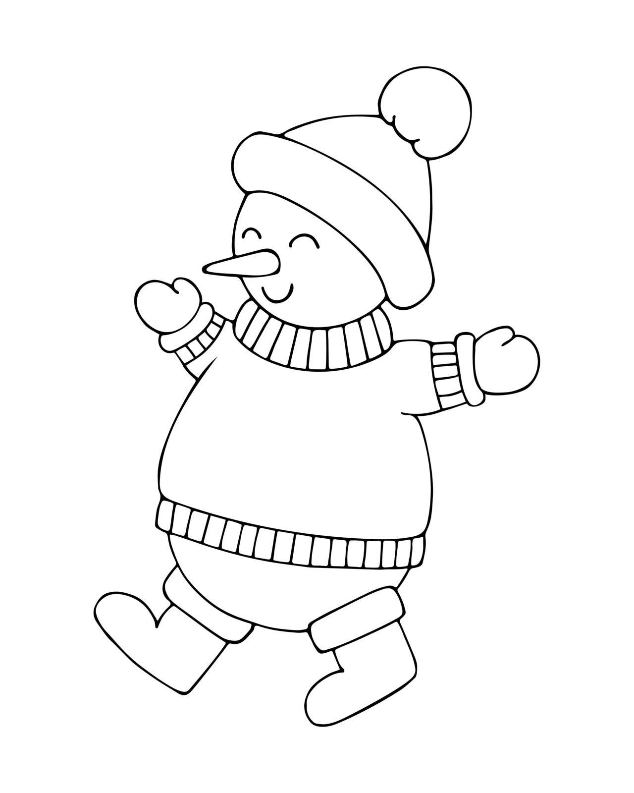 Coloring book snowman line art. Cute winter character in hat and sweater. Hand drawn vector black and white illustration.