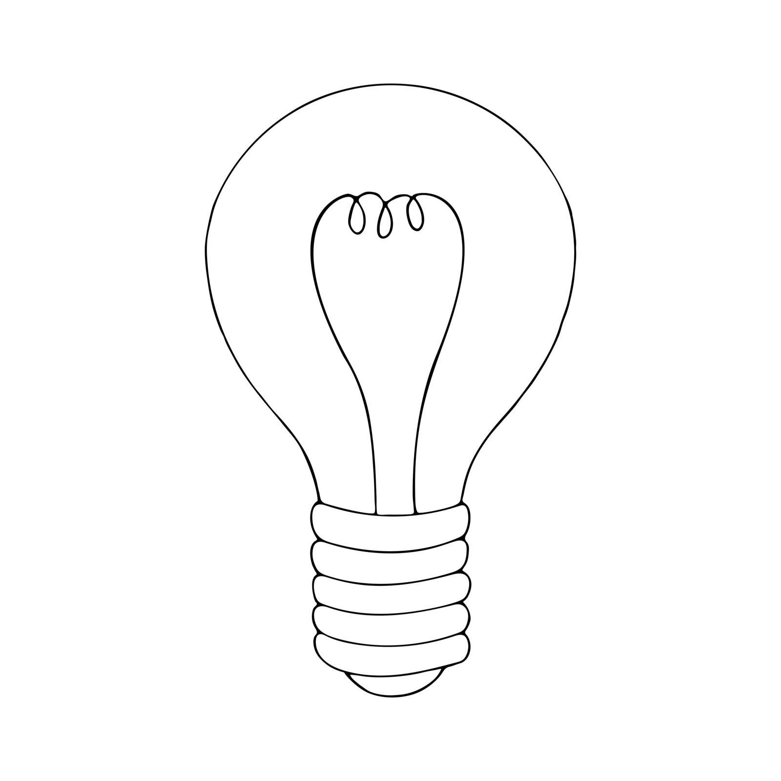 Edison light bulb coloring book line art. Lighting fixture, glass incandescent bulb. Hand drawn vector black and white illustration.