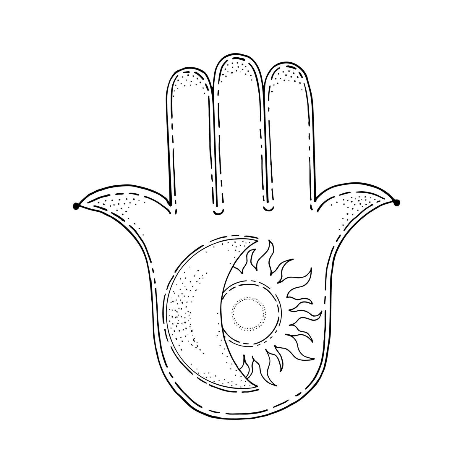 Hand of Fatima. Palm with five fingers. Lunar crescent sun. Ancient religion sign. Symbol divine power. Prayer amulet. Hand drawn vector illustration. Gods hand.