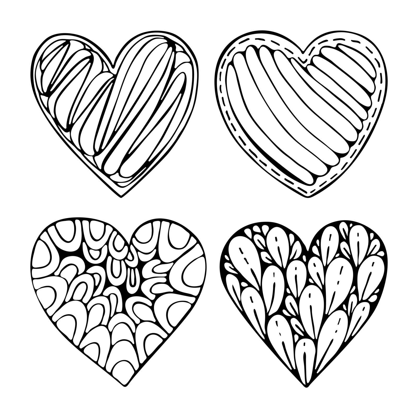 Set hearts doodle line art. Romantic symbol of love with different patterns. Hand drawn vector graphic black and white illustration.