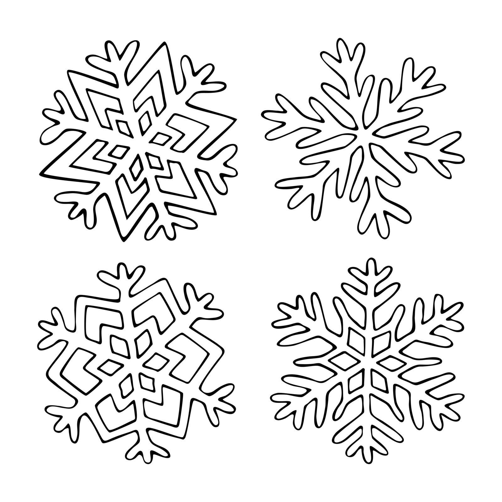 Set snowflakes doodle line art. Frozen ice crystals with different patterns. Winter symbol. Hand drawn vector graphic black and white illustration.b