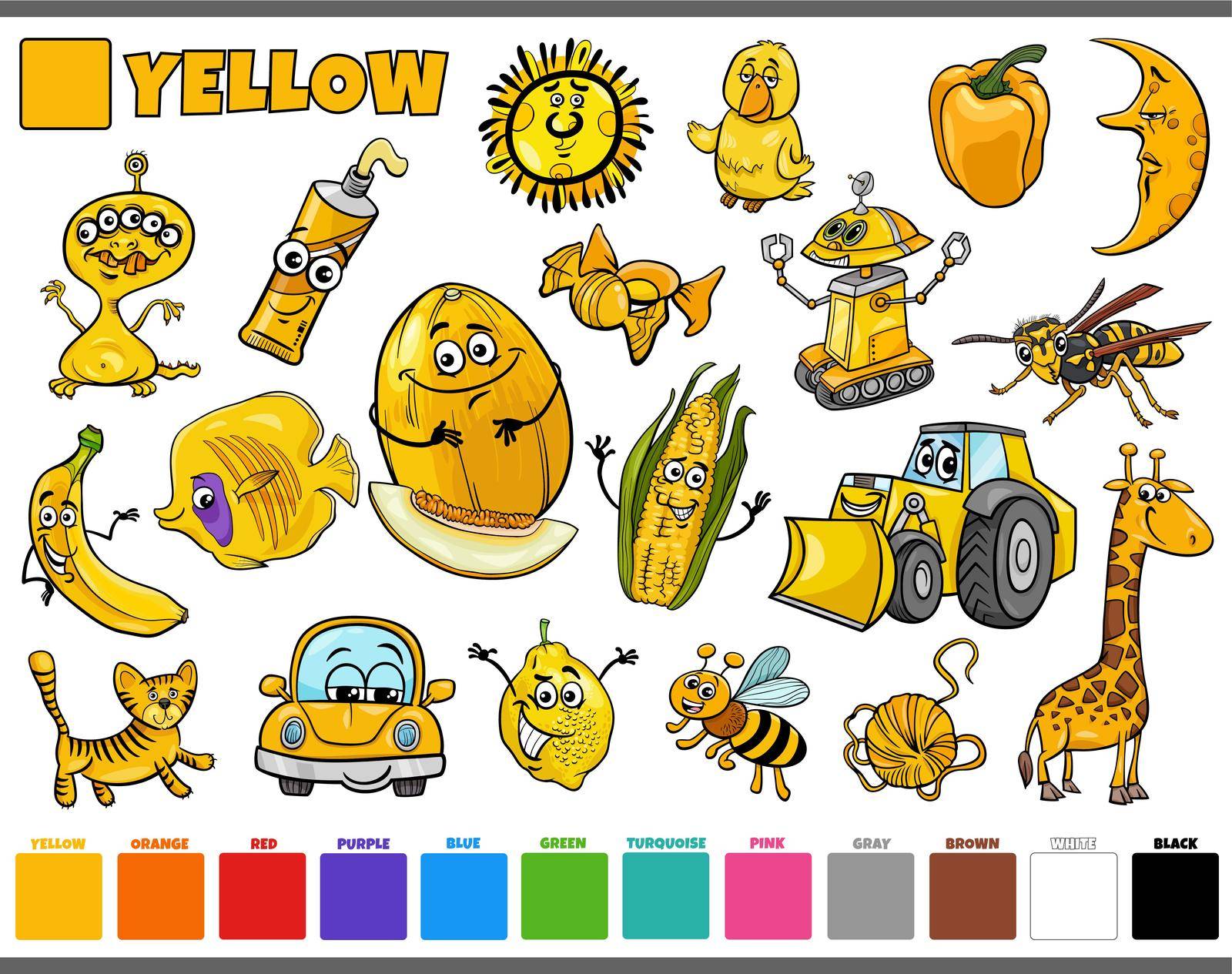 Cartoon illustration set with comic characters such as people and animals or objects in yellow