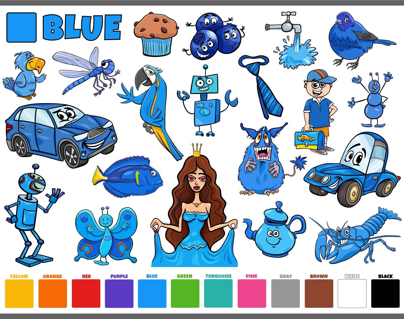 Cartoon illustration set with comic characters such as people and animals or objects in blue
