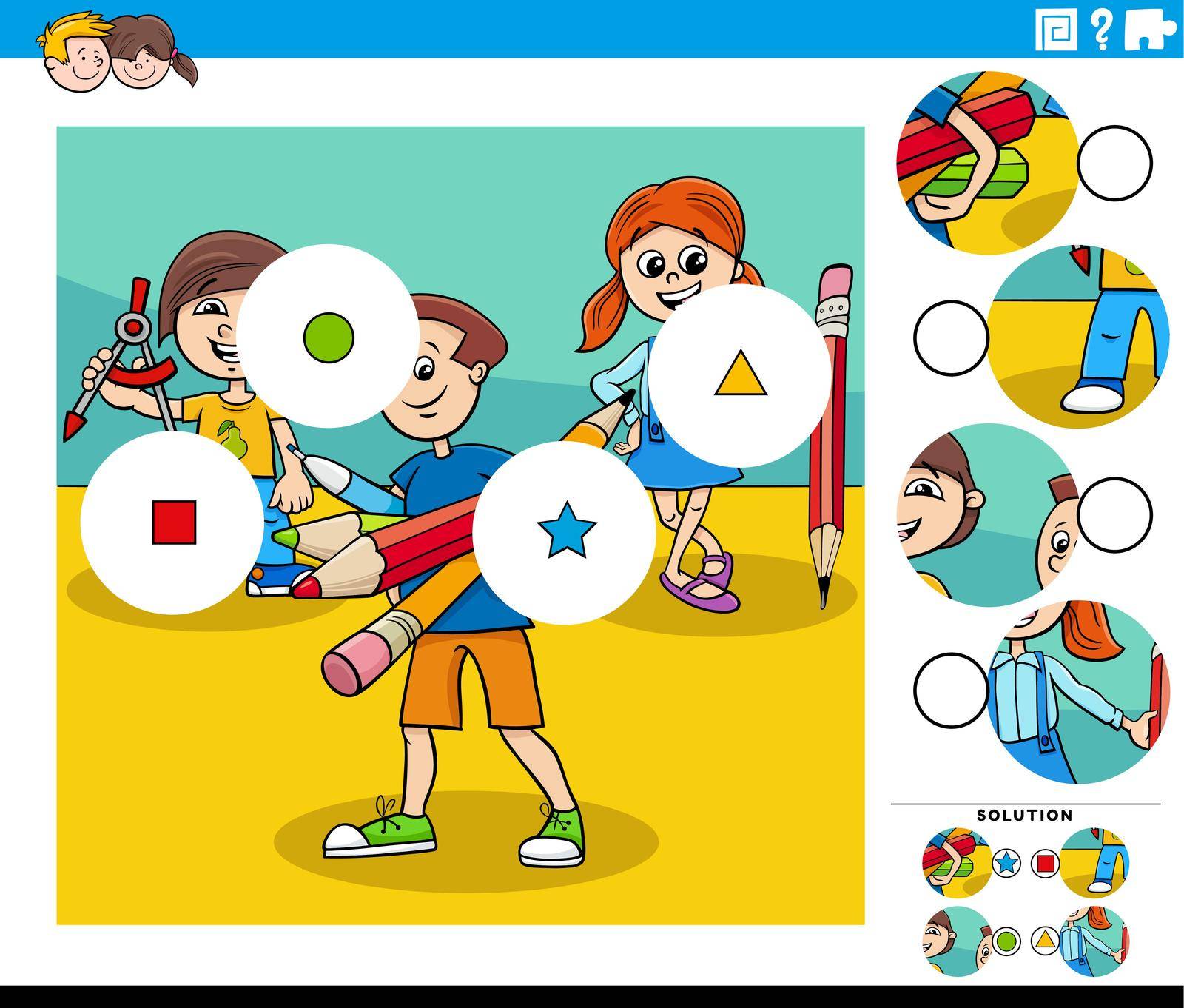Cartoon illustration of educational match the pieces jigsaw puzzle game with comic pupils characters group